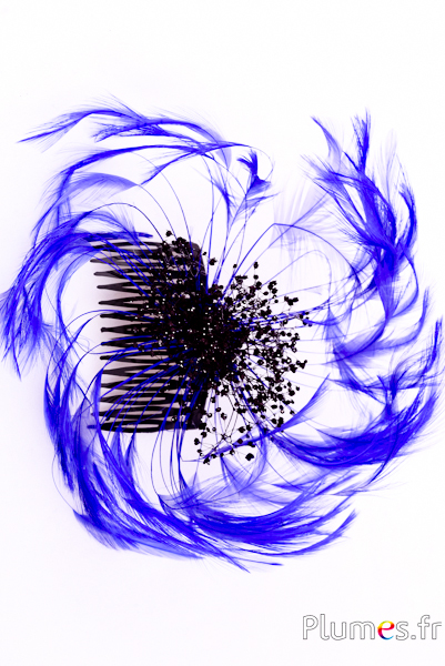Bijou en plumes de coq - sur peigne - bleu